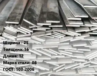 Полоса стальная 25х16 L=12 Сталь: 08 ГОСТ: 103-2006